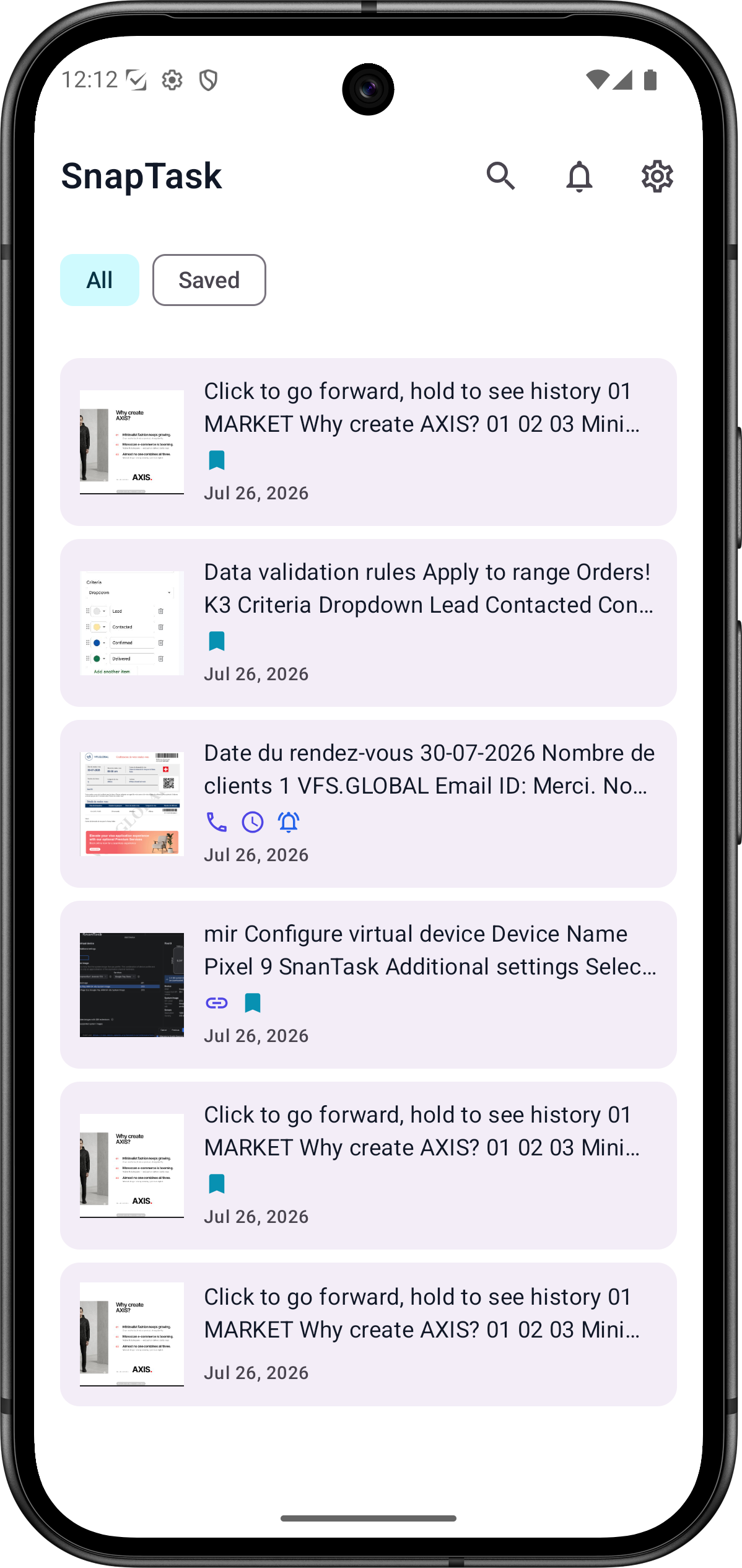 SnapTask app showing detected entities and action suggestions on a screenshot
